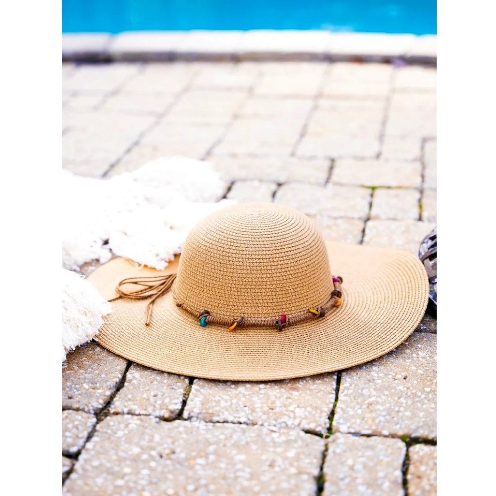 Straw Sun Hat. Tan. Ribbon Cord with Colorful Beads. NWT.